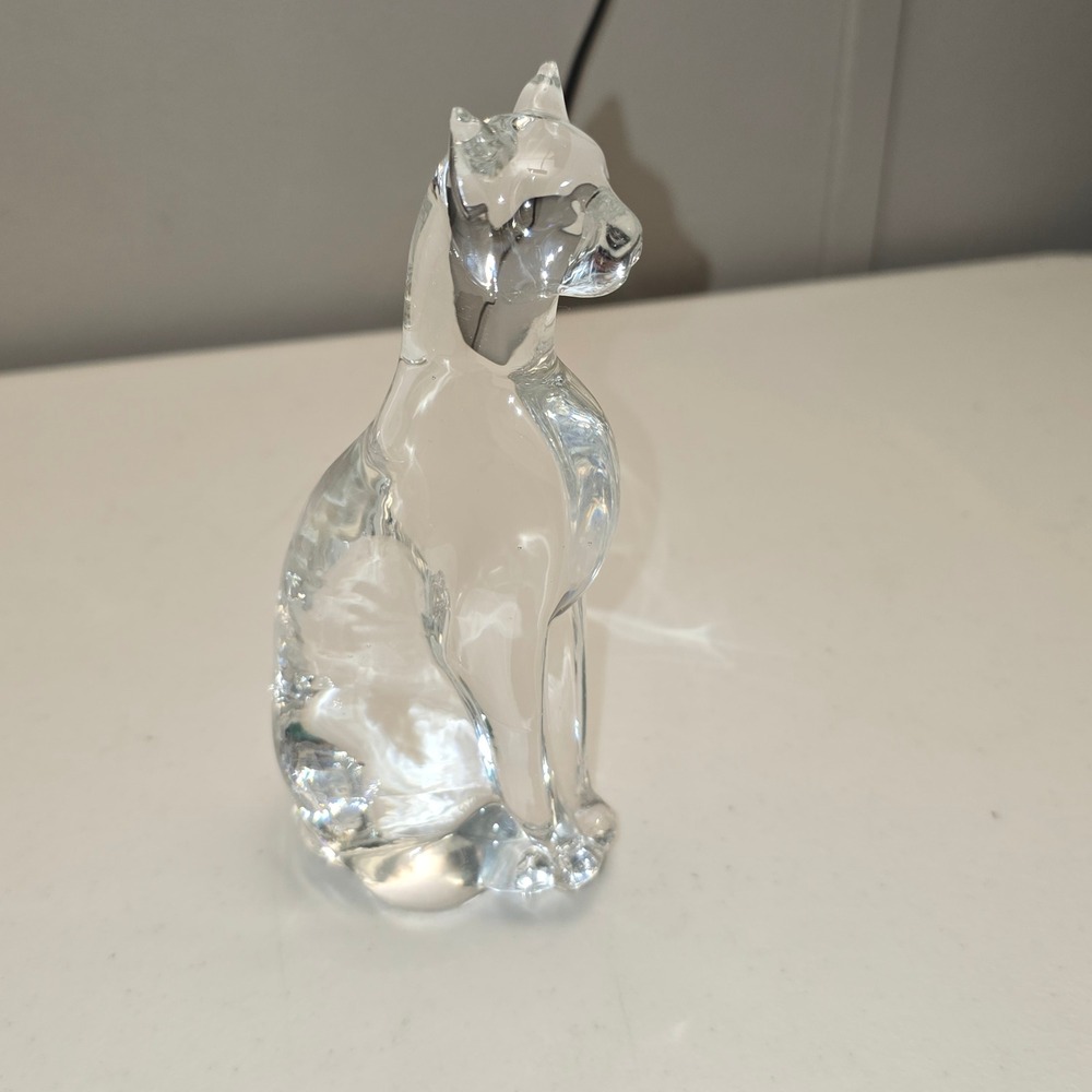 Clear Glass Cat Figurine Seated Feline Sculpture Home Decor 6.25 Inch Art Glass